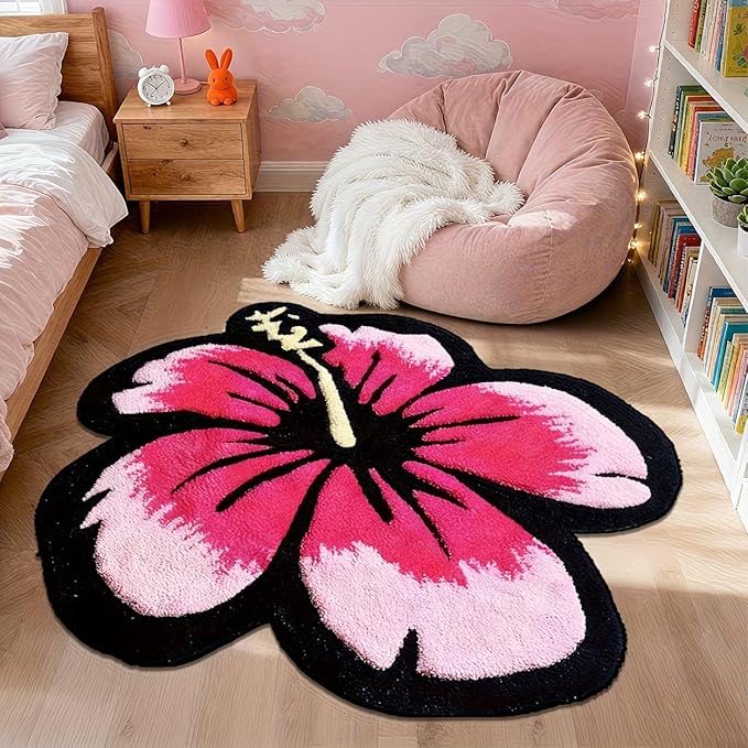 CUTE PINK AND BLACK FLOWER RUG