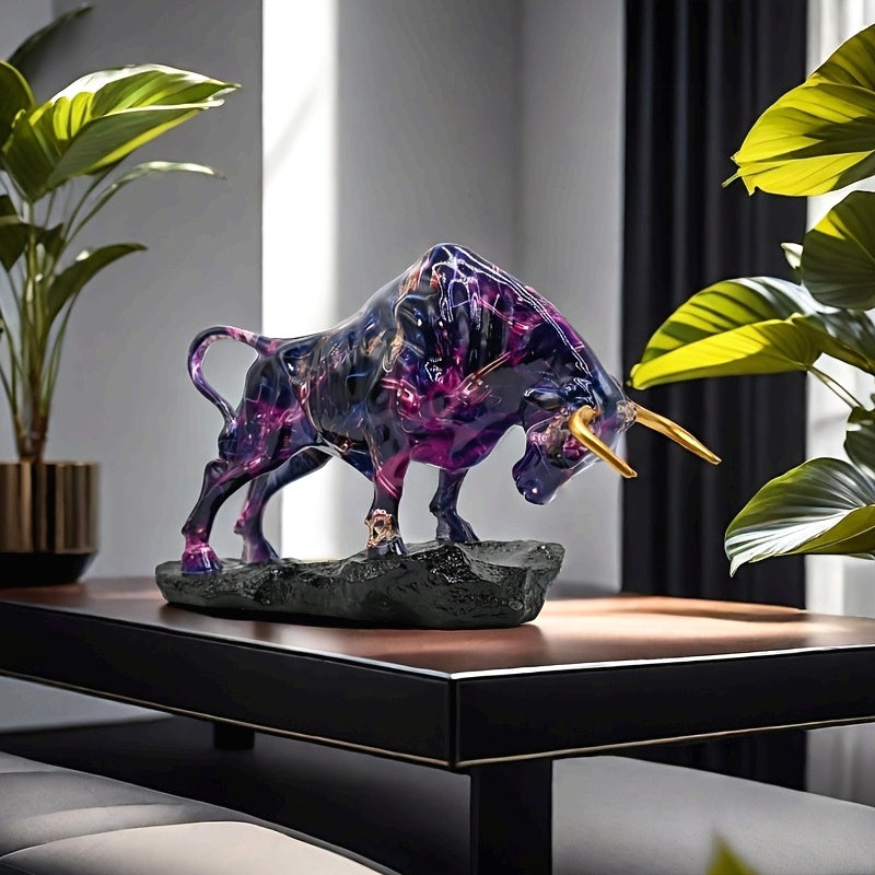 Tnessential Majestic Purple Resin Bull Statue with Golden Horns 3D Decor