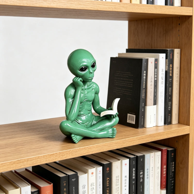 Tnessential Alien Figurine Reading Book Statue 3D Decor