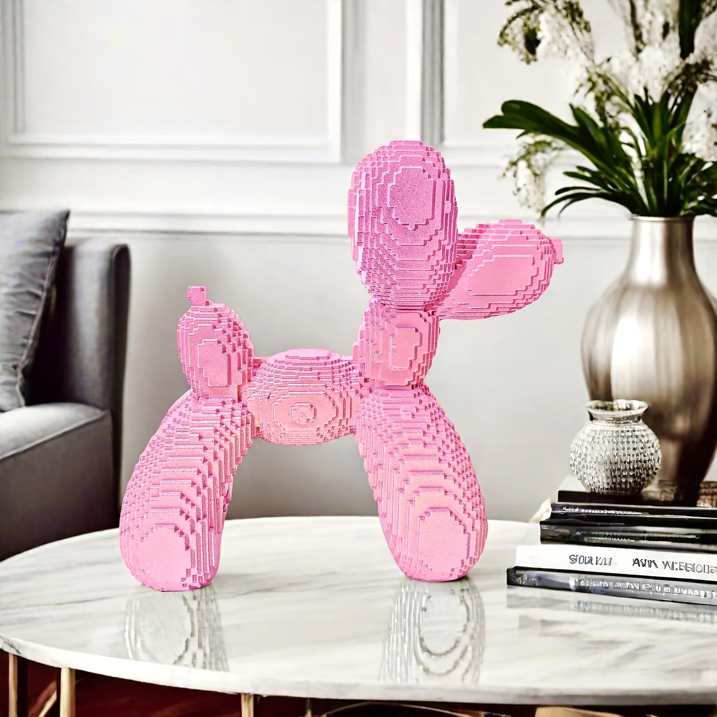 Tnessential One Pink Balloon Dog Statue Designed Like a Building Block 3D Decor
