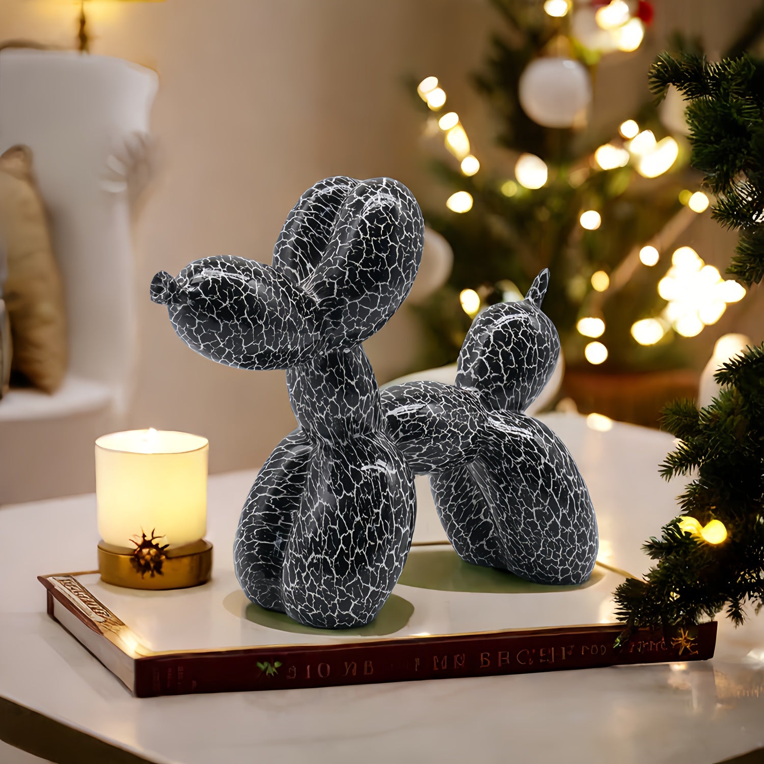 Tnessential Modern Black and White Crackle Balloon Dog Statue 3D Decor
