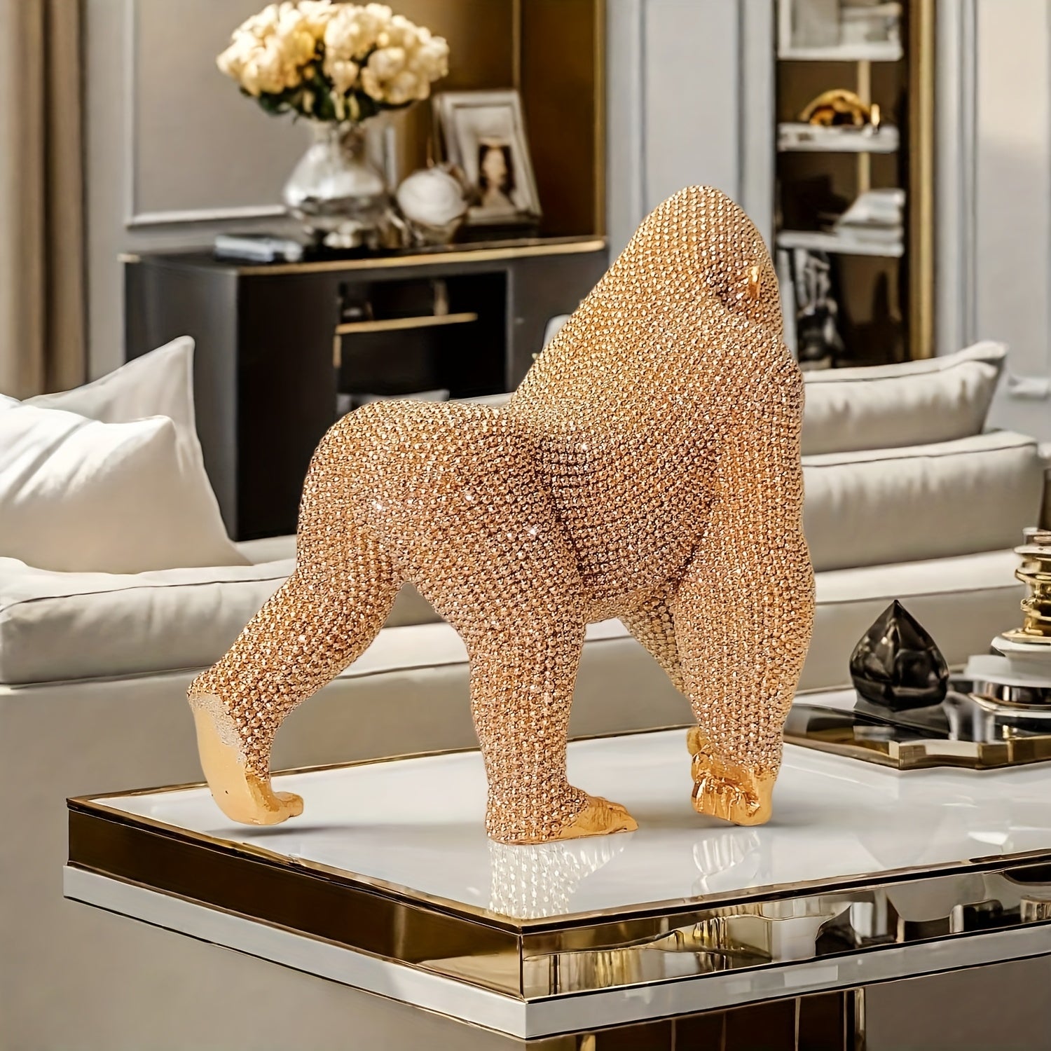 Tnessential Shiny Golden Dot Gorilla Statue Decoration 3D Decor