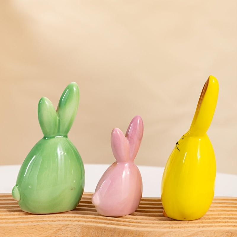Tnessential Elegant Ceramic Rabbit Figurine Set of 3 with Rare Pink 3D Decor