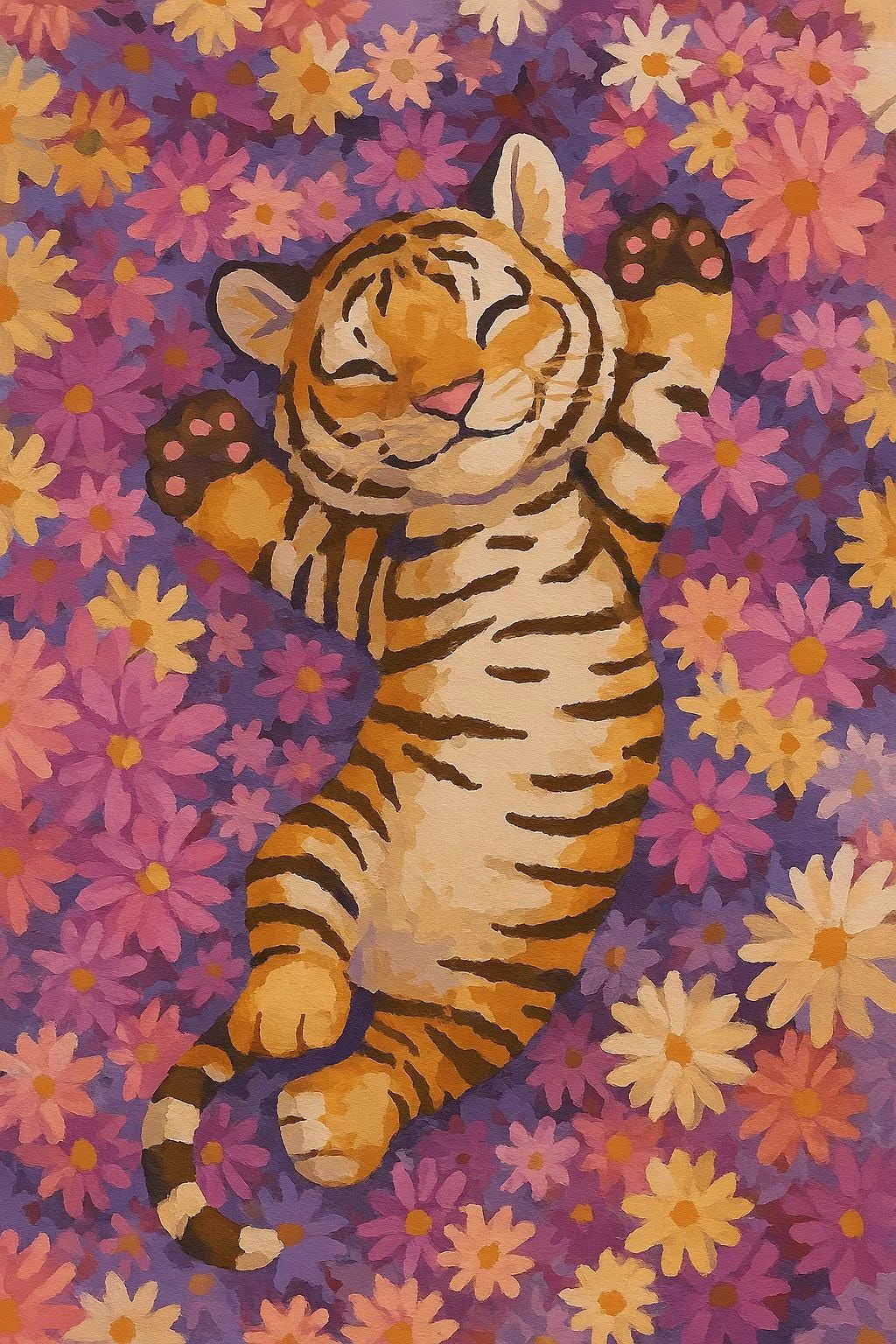 HAPPY TIGER FLORAL ILLUSTRATION CANVAS POSTER