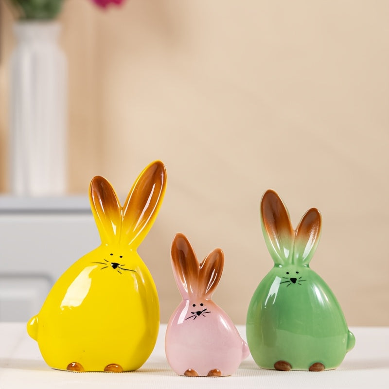 Tnessential Elegant Ceramic Rabbit Figurine Set of 3 with Rare Pink 3D Decor