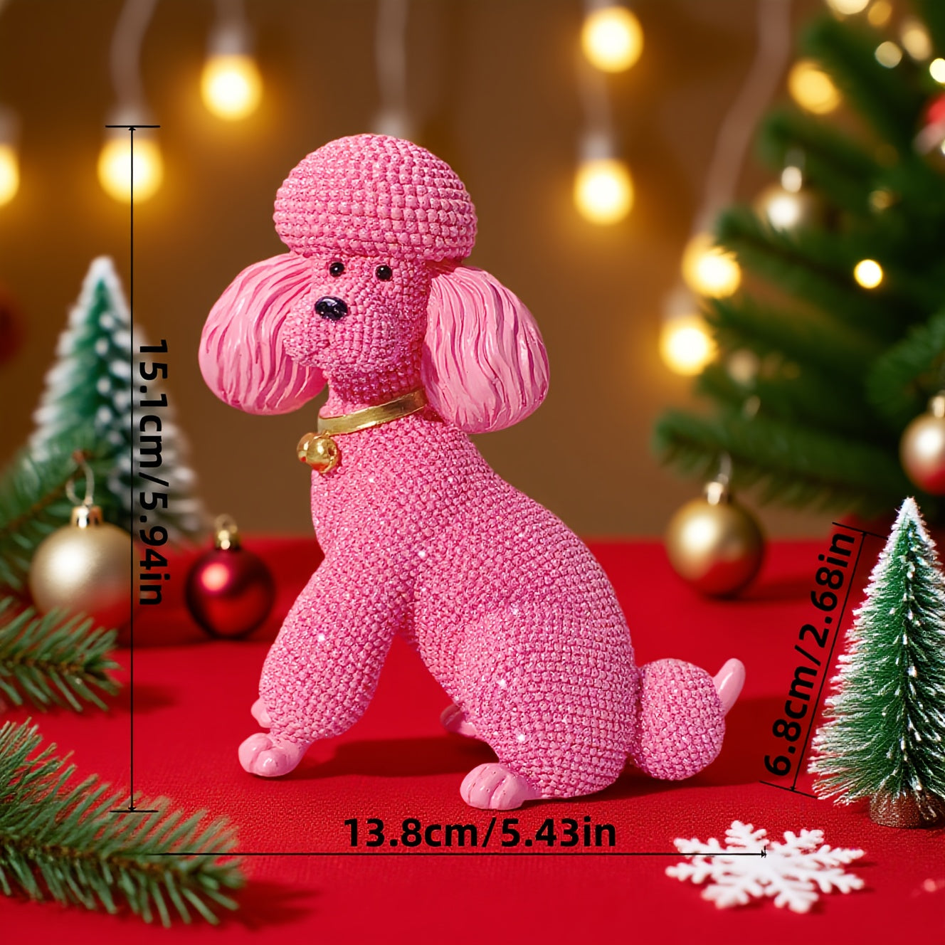 Tnessential Pink Dotted Bell Poodle Dog Statue Ornament 3D Decor