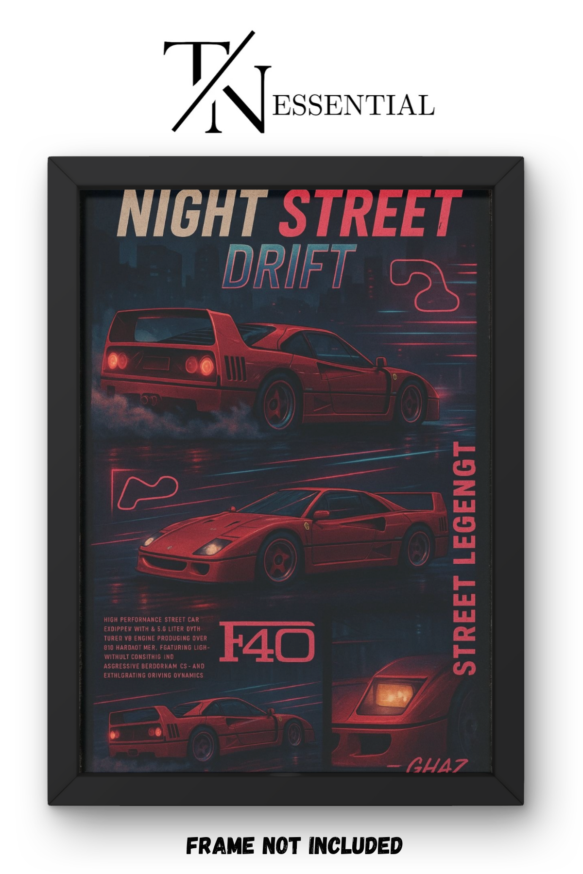 FERRARI F40 NIGHT STREET DRIFT NEON CITY SPEED CANVAS POSTER