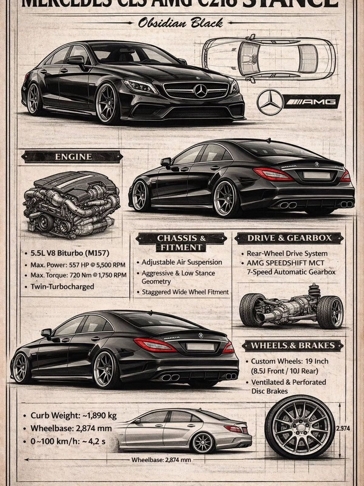 MERCEDES CLS AMG TECHNICAL BLUEPRINT CANVAS POSTER