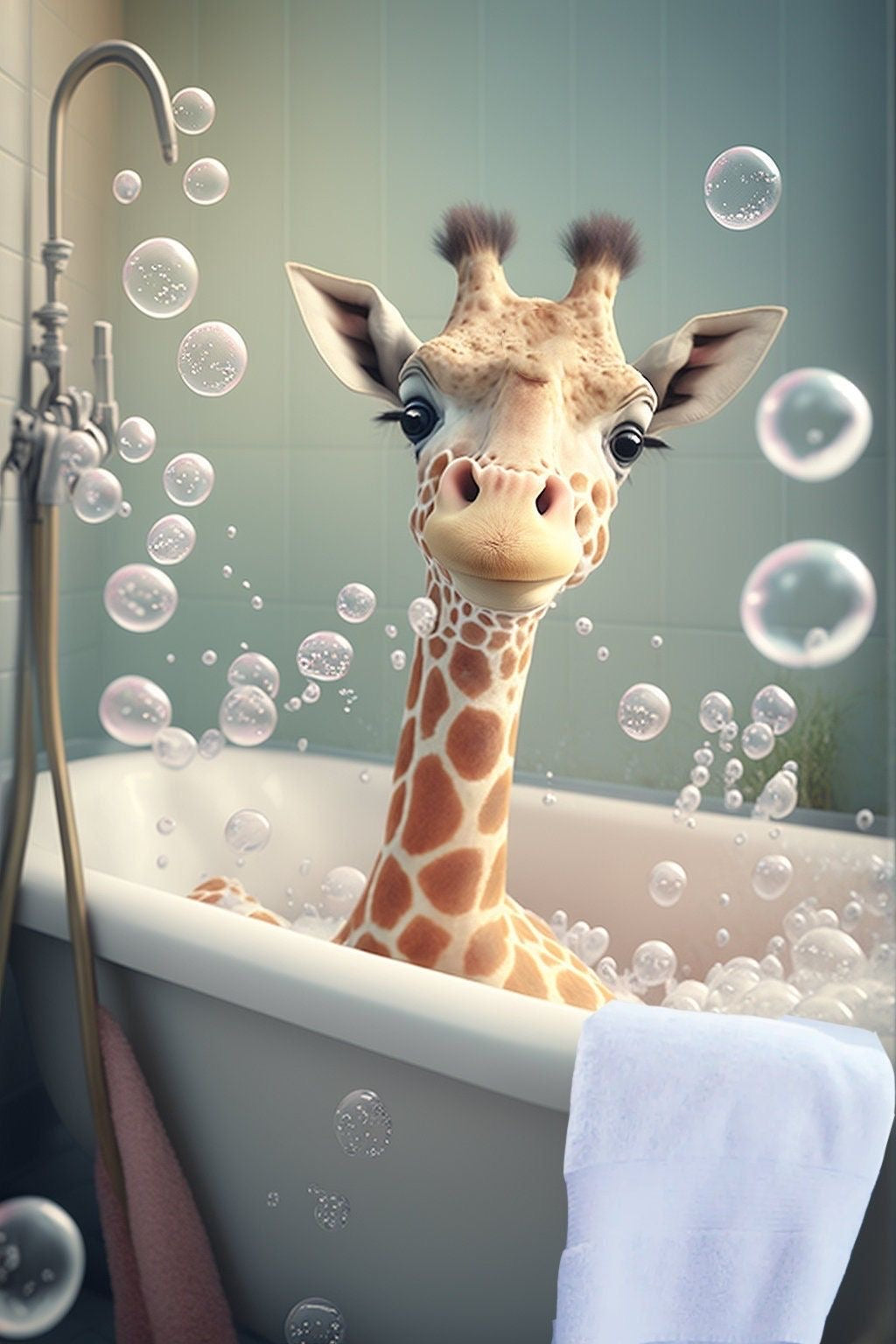 BUBBLE BATH GIRAFFE CANVAS POSTER