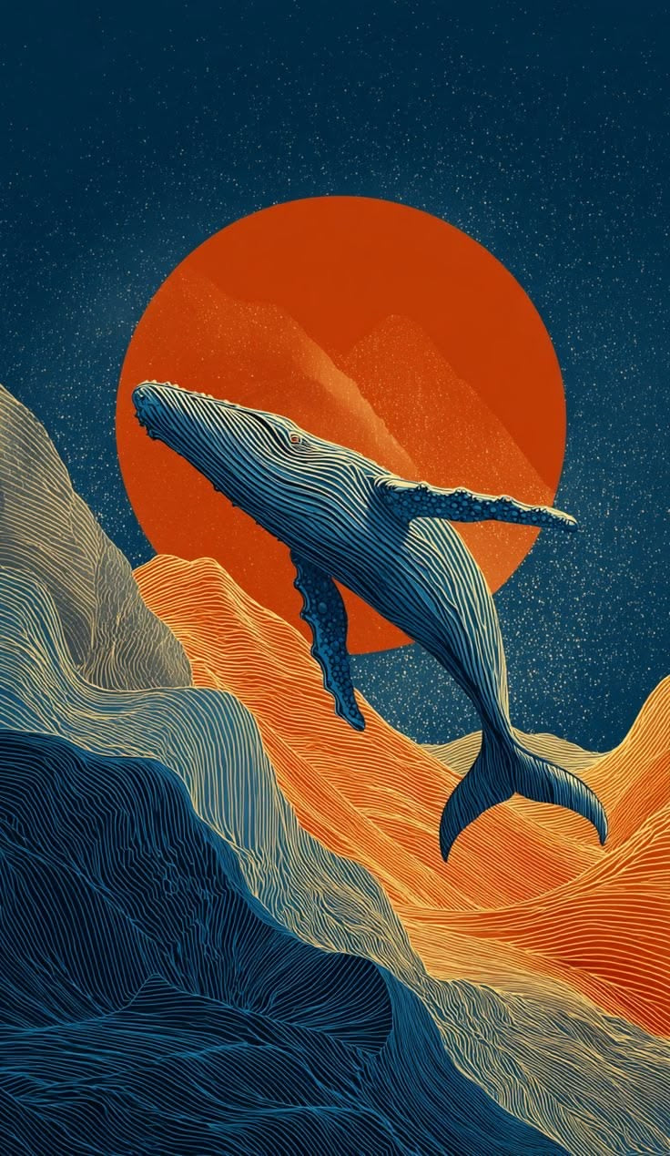 ABSTRACT OCEAN WHALE CANVAS POSTER