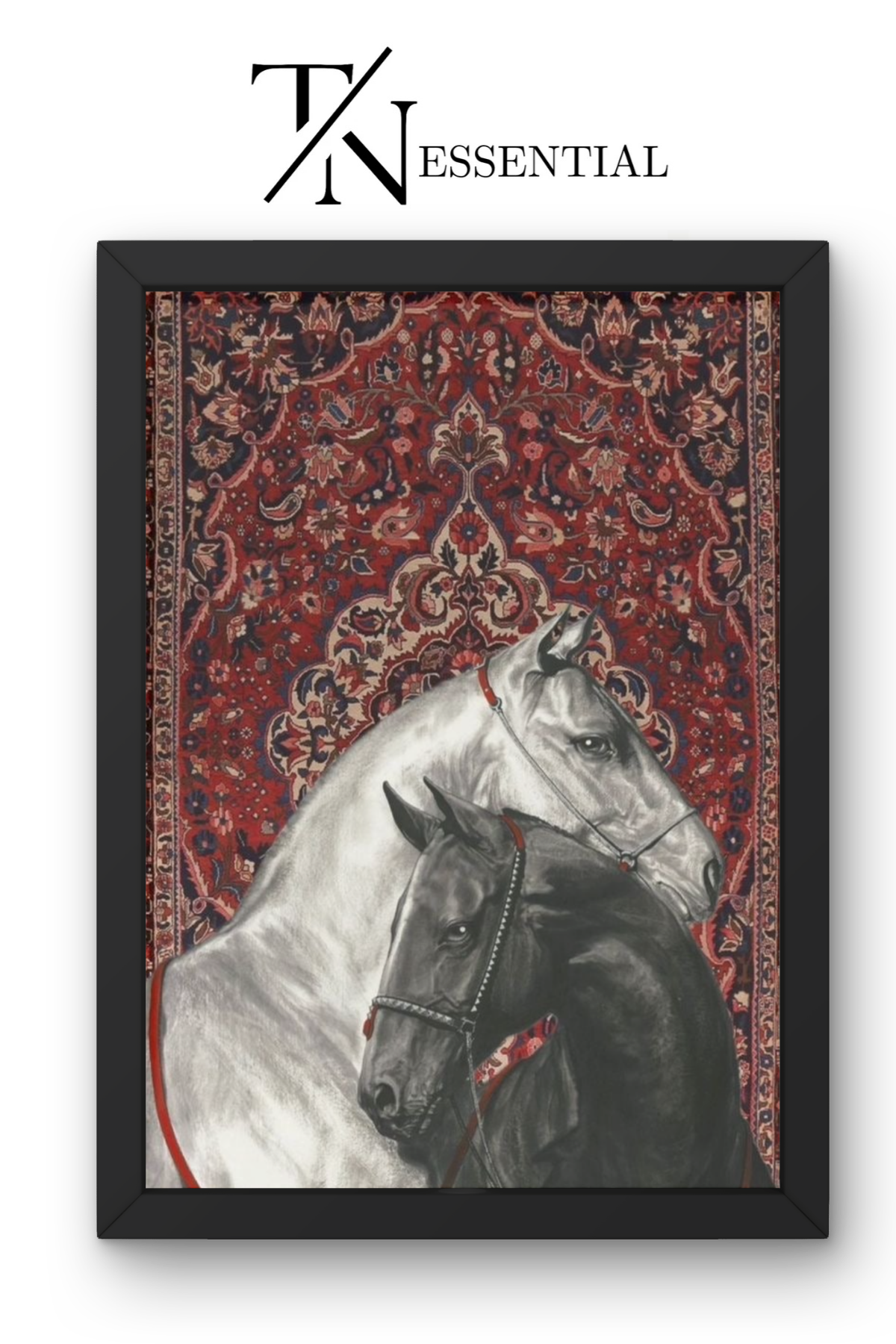 MAJESTIC BLACK AND WHITE HORSES PERSIAN RUG CANVAS POSTER