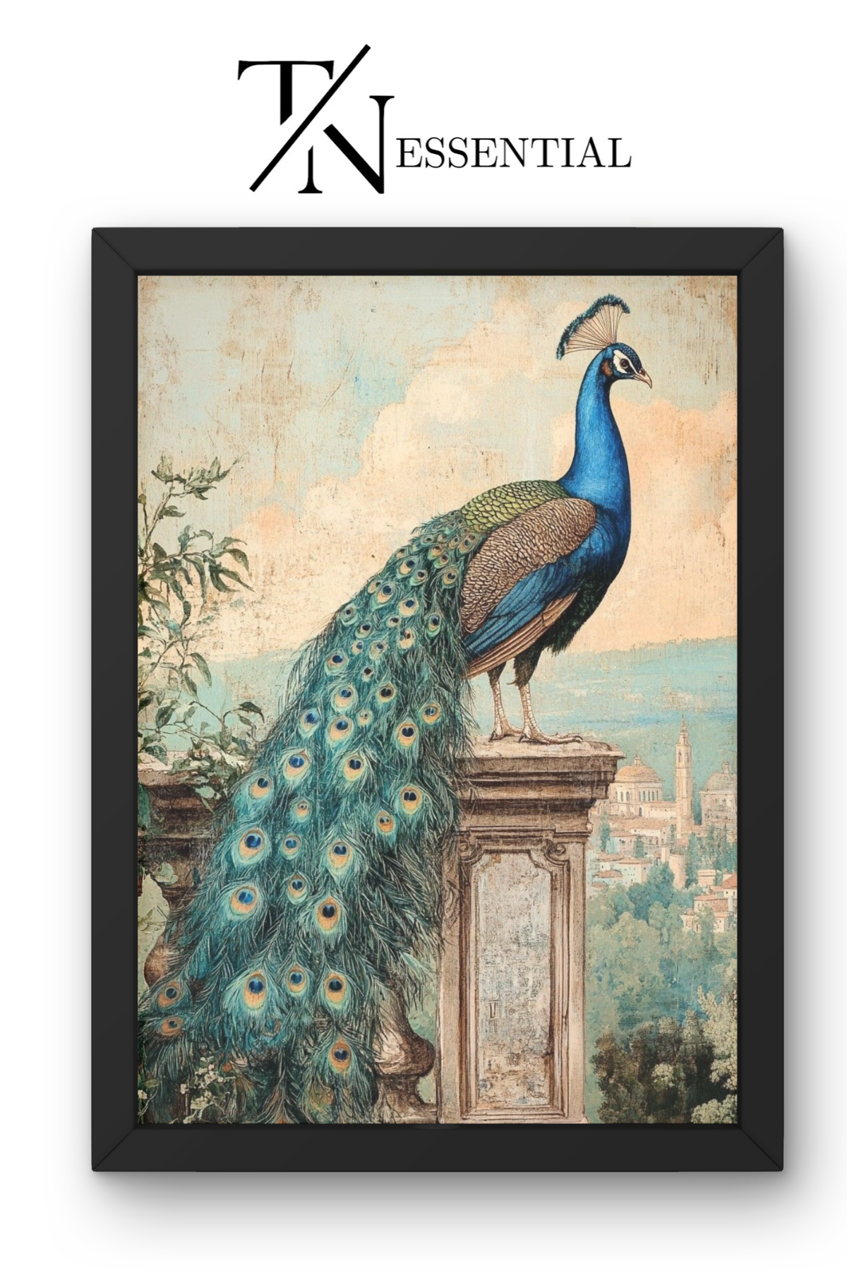 ELEGANT PEACOCK VINTAGE LANDSCAPE CANVAS POSTER