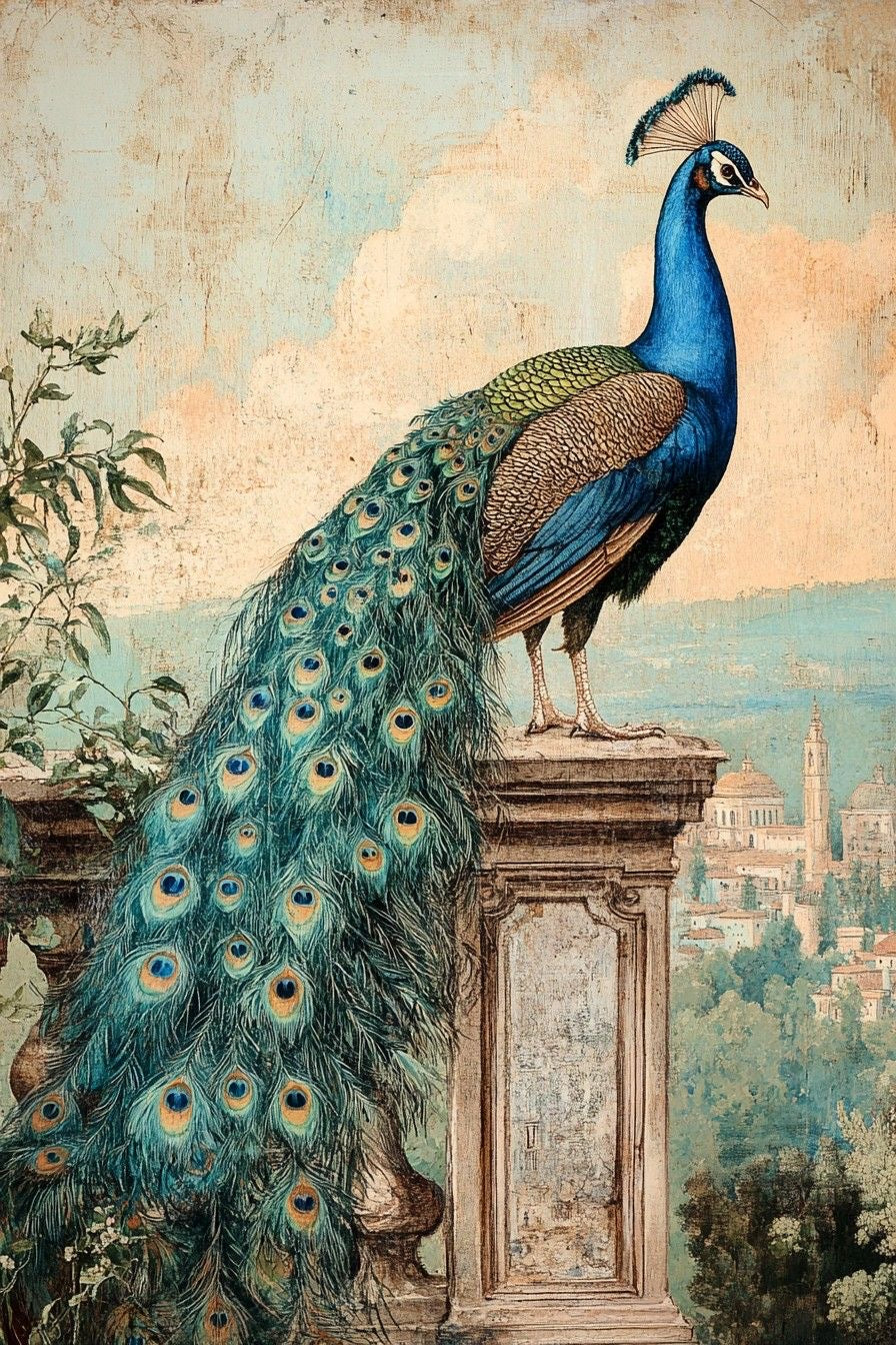 ELEGANT PEACOCK VINTAGE LANDSCAPE CANVAS POSTER