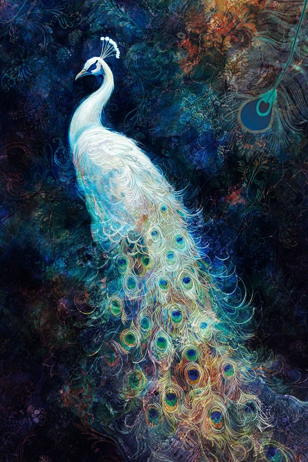 ETHEREAL PEACOCK COSMIC FEATHERS CANVAS POSTER