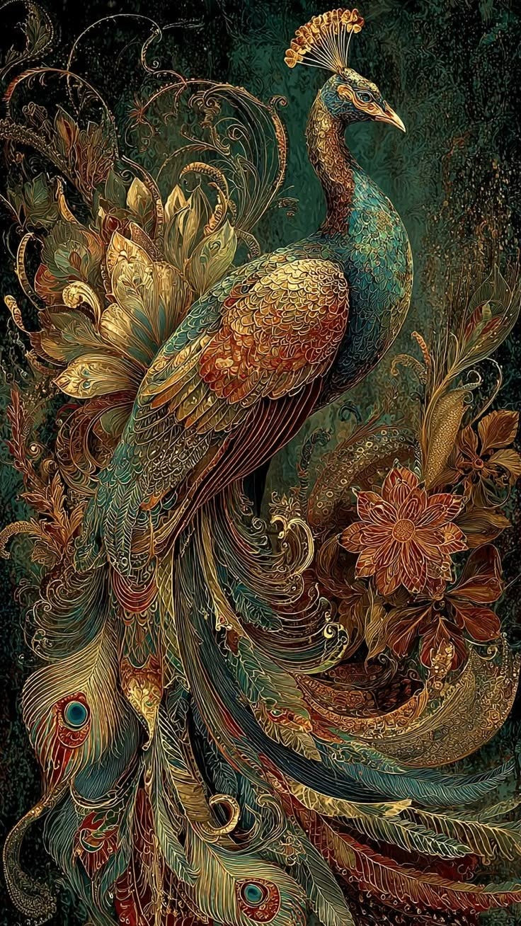 LUXURY VINTAGE PEACOCK FLORAL ART CANVAS POSTER