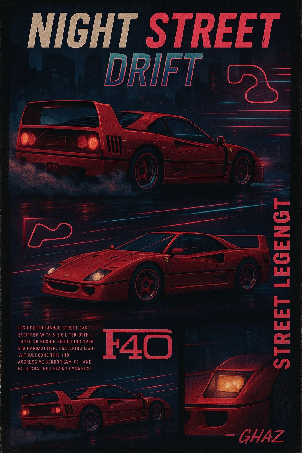 FERRARI F40 NIGHT STREET DRIFT NEON CITY SPEED CANVAS POSTER