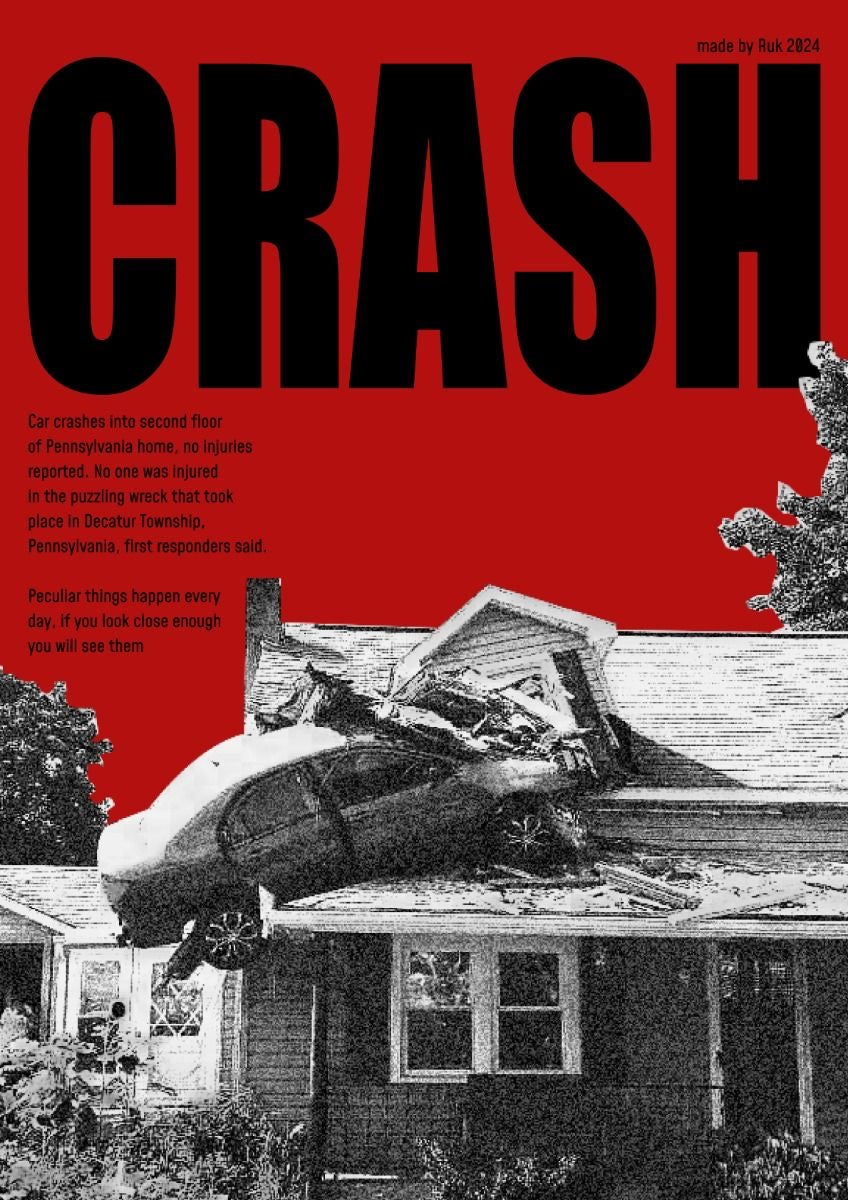 CRASH STRANGE REALITY VINTAGE NEWS COLLAGE DESIGN CANVAS POSTER
