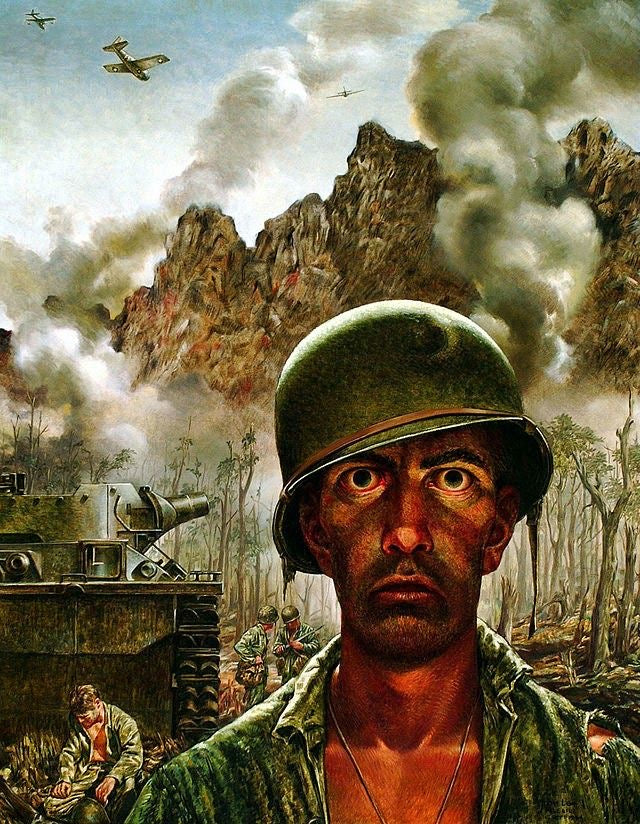 THE FACE OF WAR HAUNTED SOLDIER IN CHAOS AND FIRE CANVAS POSTER
