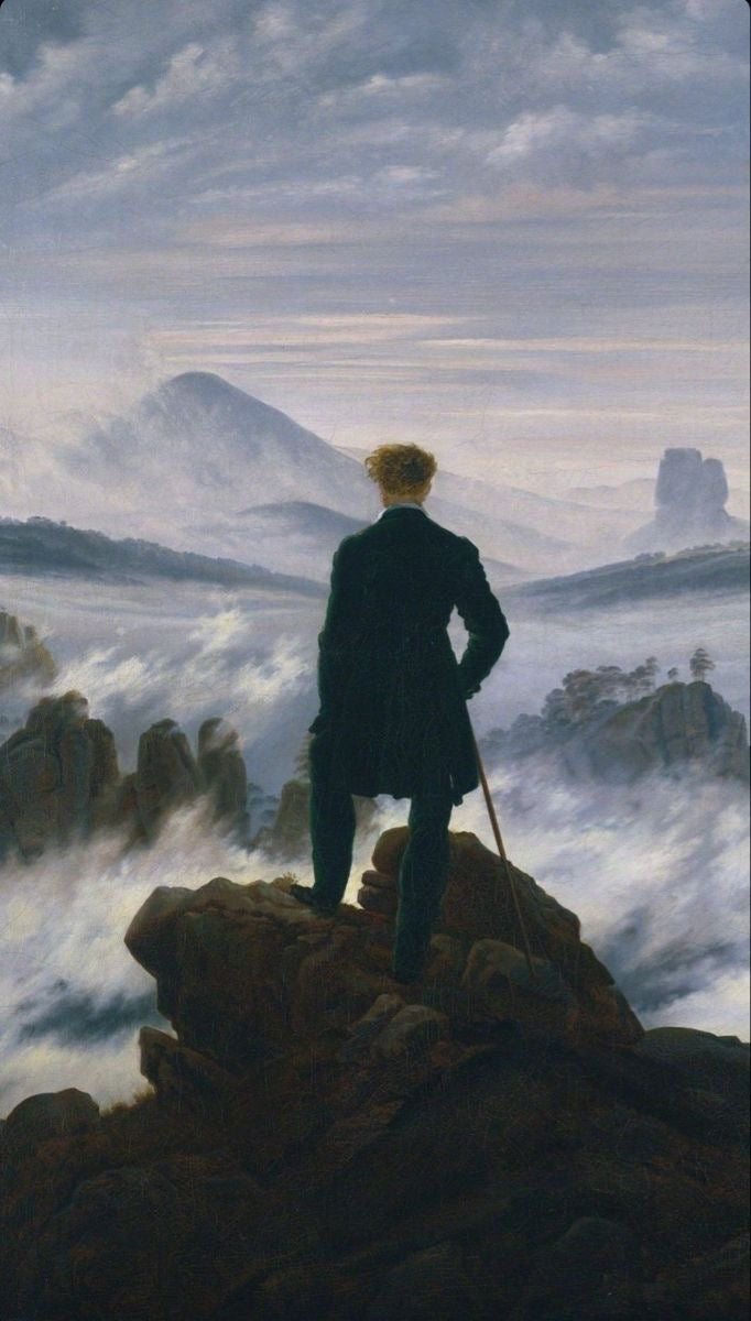 LONE FIGURE OVERLOOKING INFINITE MIST MOUNTAIN VISION CANVAS POSTER