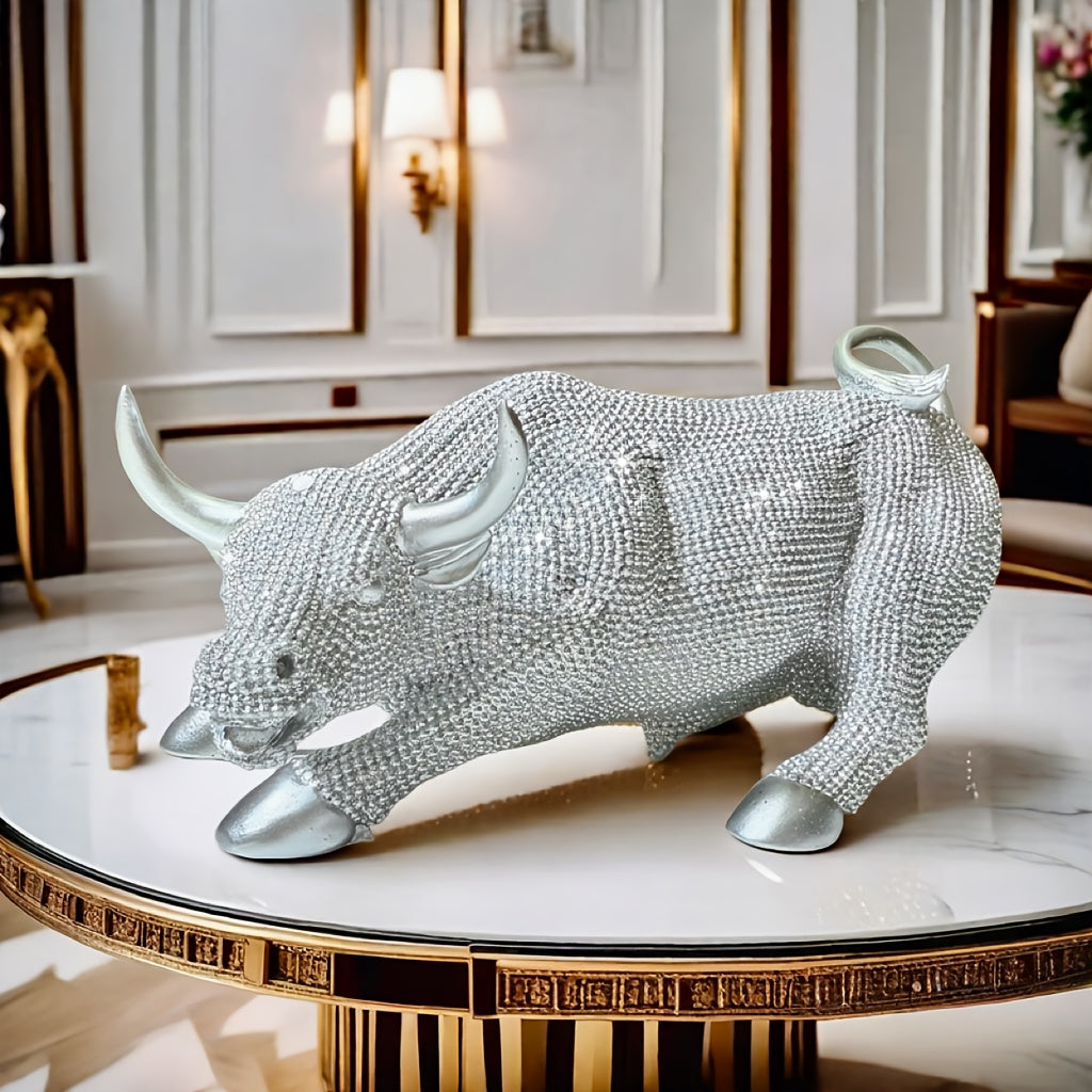 Tnessential Silvery Beaded Wall Street Bull Statue 3D Decor