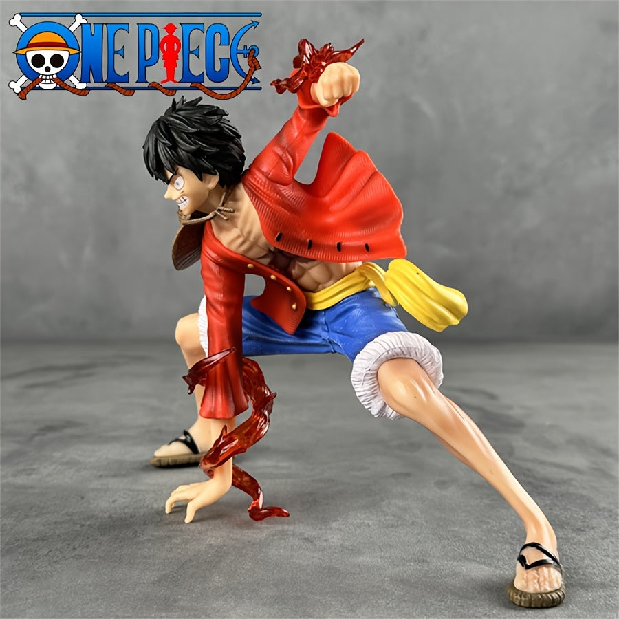 Tnessential Anime Figure: Luffy Squatting Scene Statue Model with Red 3D Decor