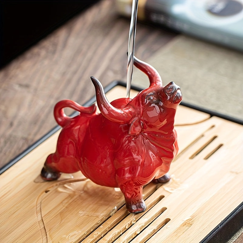 Tnessential Ceramic Red Zodiac Cow Tea Pet Decoration for Tabletop Ox 3D Decor