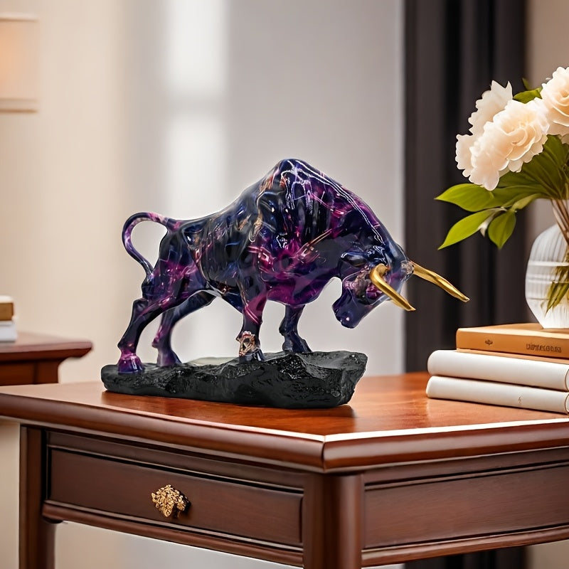 Tnessential Majestic Purple Resin Bull Statue with Golden Horns 3D Decor