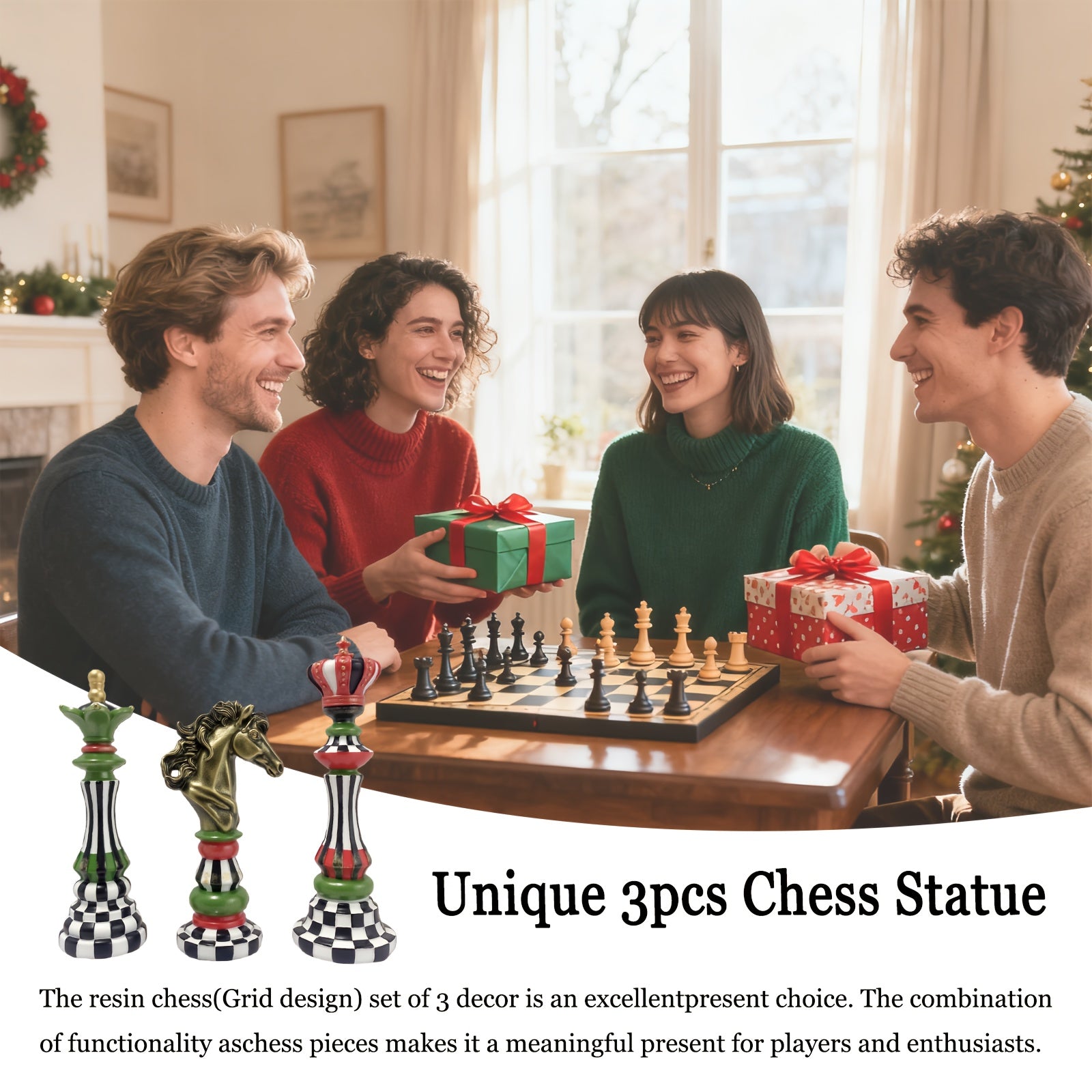 Tnessential Set of 3 Decorative Chess Pieces Featuring a Grid Design 3D Decor