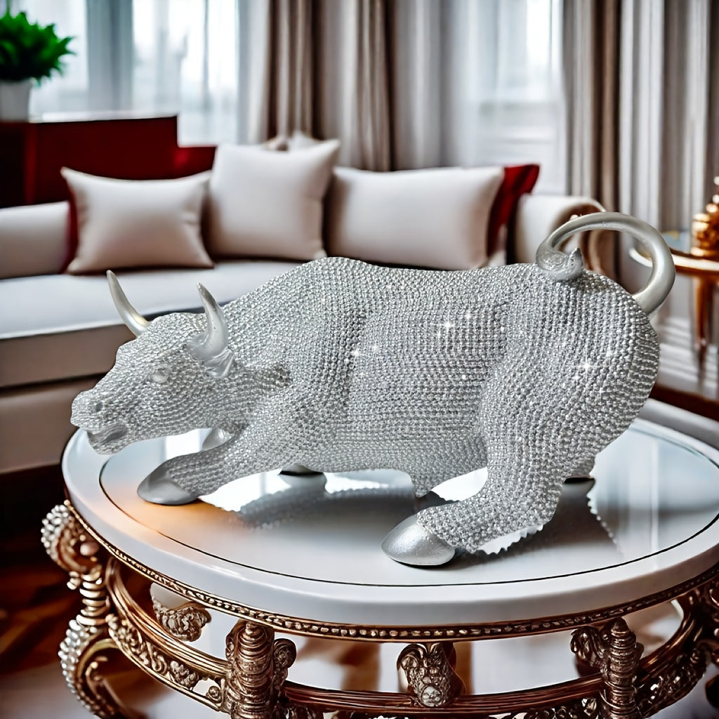 Tnessential Silvery Beaded Wall Street Bull Statue 3D Decor