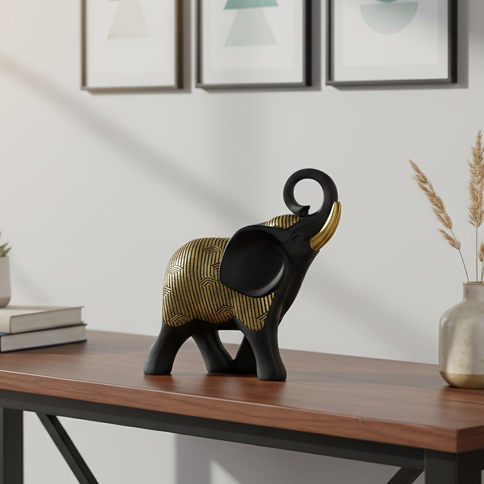 Tnessential Golden Striped Black Elephant Collectible Figurines 3D Decor