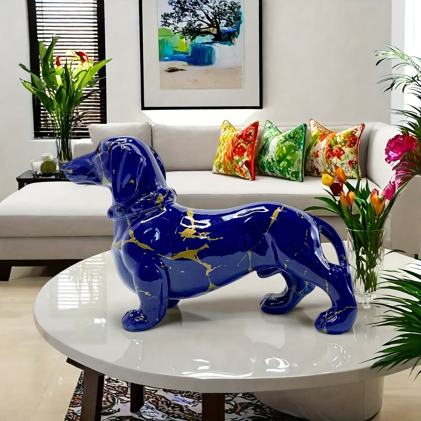 Tnessential Modern Creative Navy Blue Dachshund Decoration with Golden 3D Decor