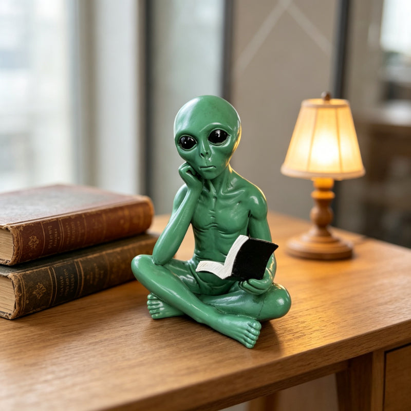 Tnessential Alien Figurine Reading Book Statue 3D Decor
