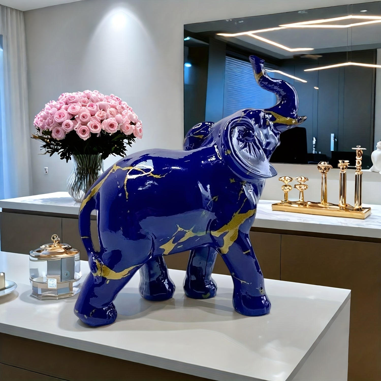 Tnessential Dark Blue Resin Elephant Statue with Golden Accents 3D Decor