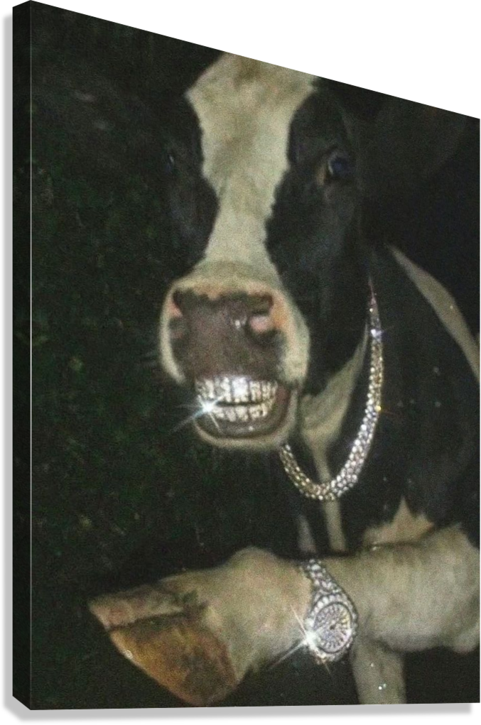 ICED-OUT FARM BOSS COW WITH DIAMOND GRILL AND ROLEX DRIP CANVAS POSTER