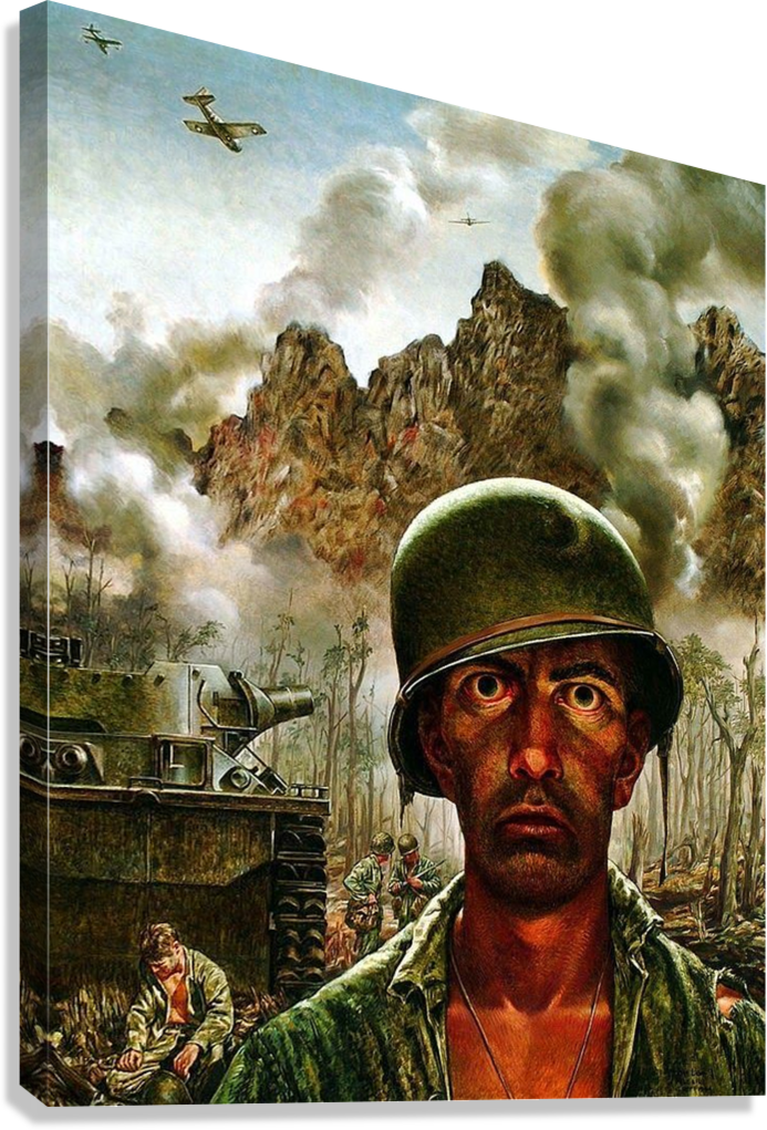 THE FACE OF WAR HAUNTED SOLDIER IN CHAOS AND FIRE CANVAS POSTER