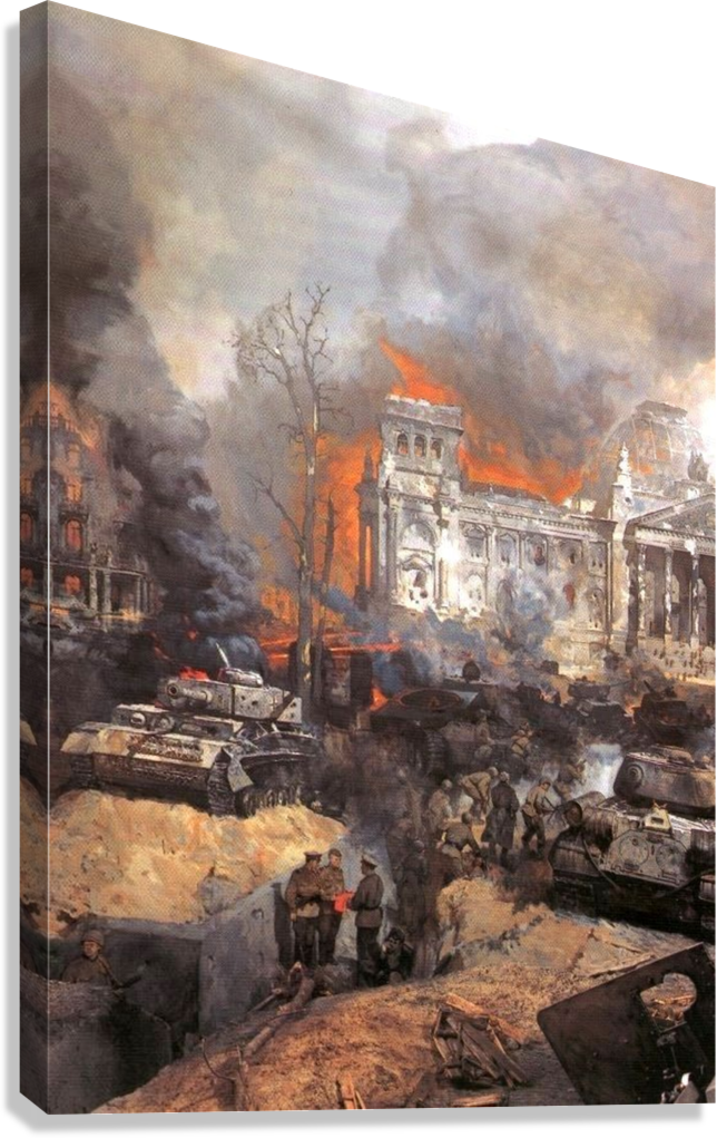 WORLD WAR II BERLIN IN FLAMES TANKS AND CHAOS CANVAS POSTER