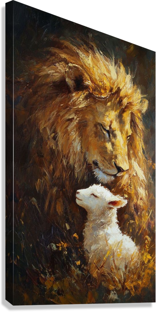 LION AND LAMB PEACE AND POWER SYMBOLIC WILDLIFE ART CANVAS POSTER