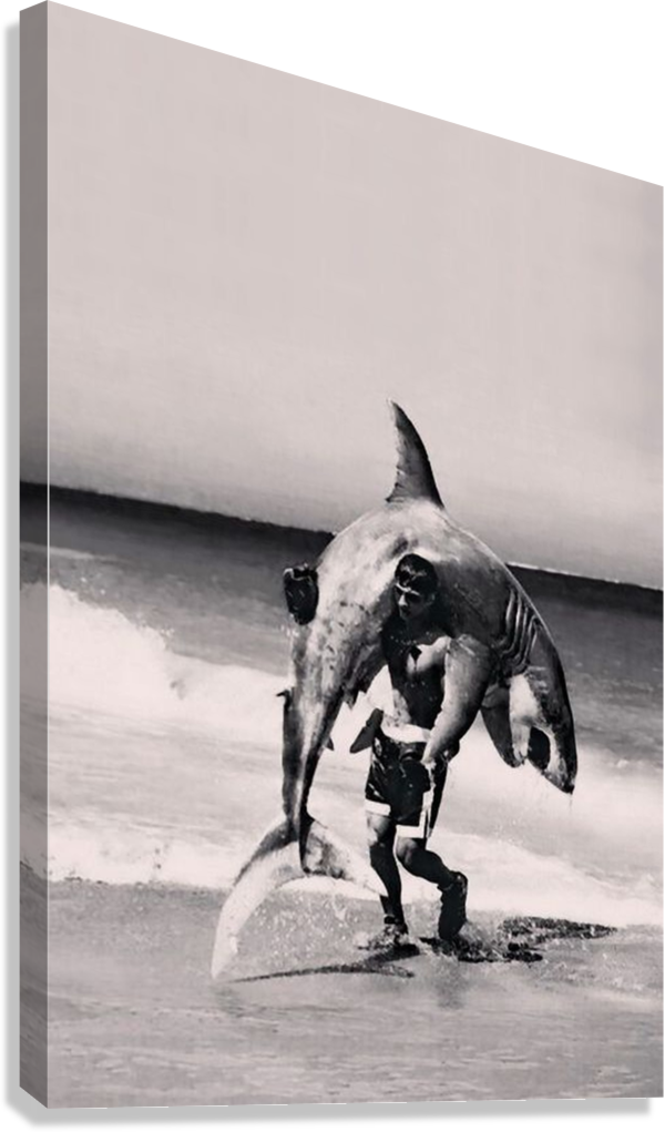 VINTAGE MAN CARRYING A SHARK CANVAS POSTER